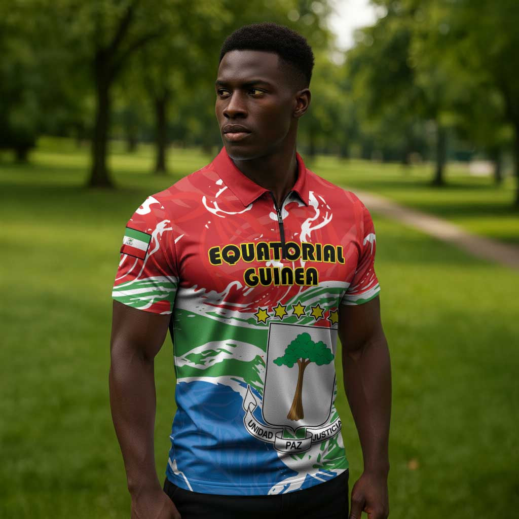 Personalized Equatorial Guinea Independence Day Zipper Polo Shirt Coat Of Arms With Map