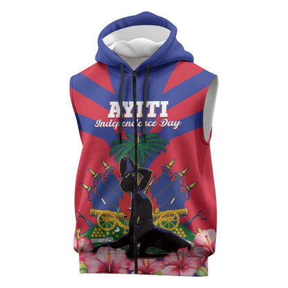 Personalised Happy Haiti Independence Day Sleeveless Zip Hoodie Neg Marron - African Pride