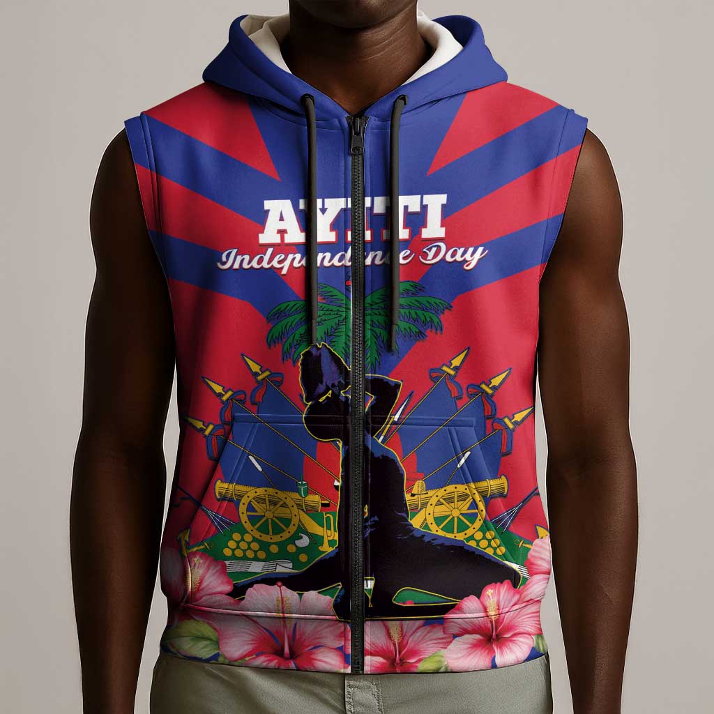 Personalised Happy Haiti Independence Day Sleeveless Zip Hoodie Neg Marron - African Pride