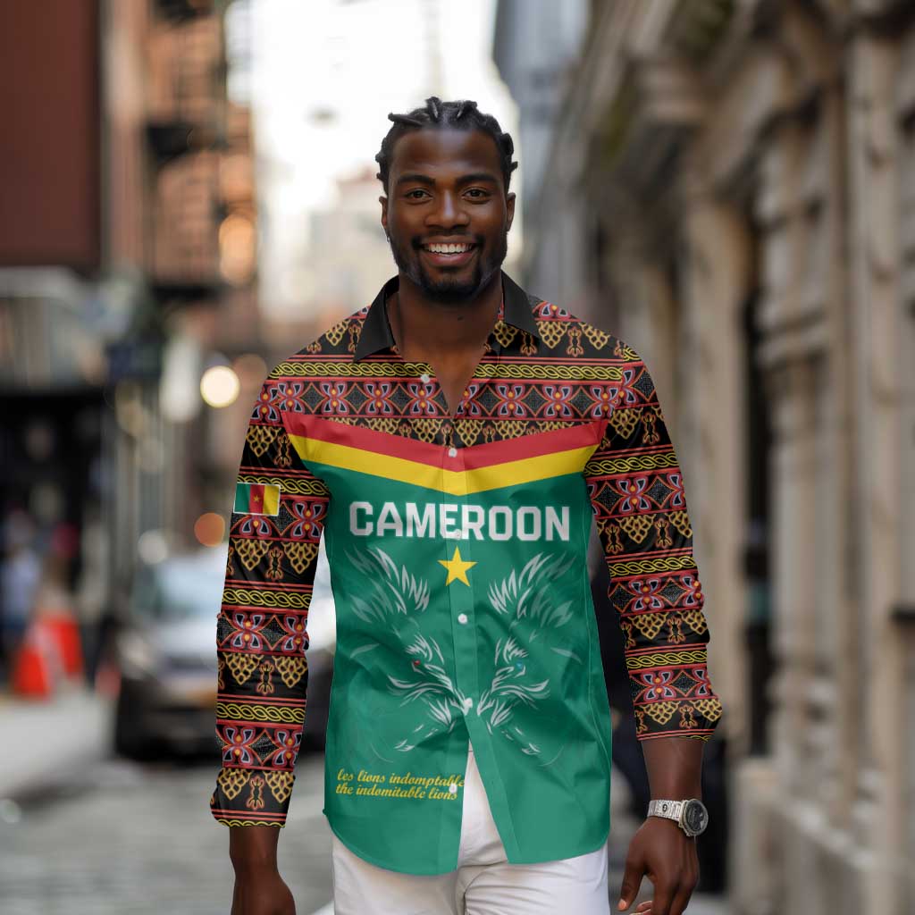 Custom Cameroun Football Long Sleeve Button Shirt Allez Les Lions Indomptables