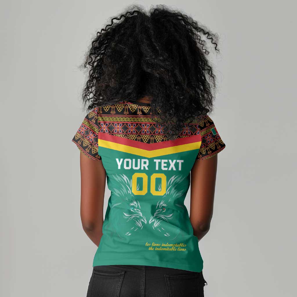 Custom Cameroun Football Women V-Neck T-Shirt Allez Les Lions Indomptables