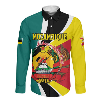 Personalized Mozambique Independence Day Long Sleeve Button Shirt Coat Of Arms - Flag Style