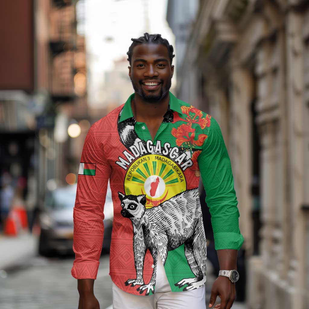 Happy Madagasikara Independence Day Long Sleeve Button Shirt Ring-Tailed Lemur With Seal