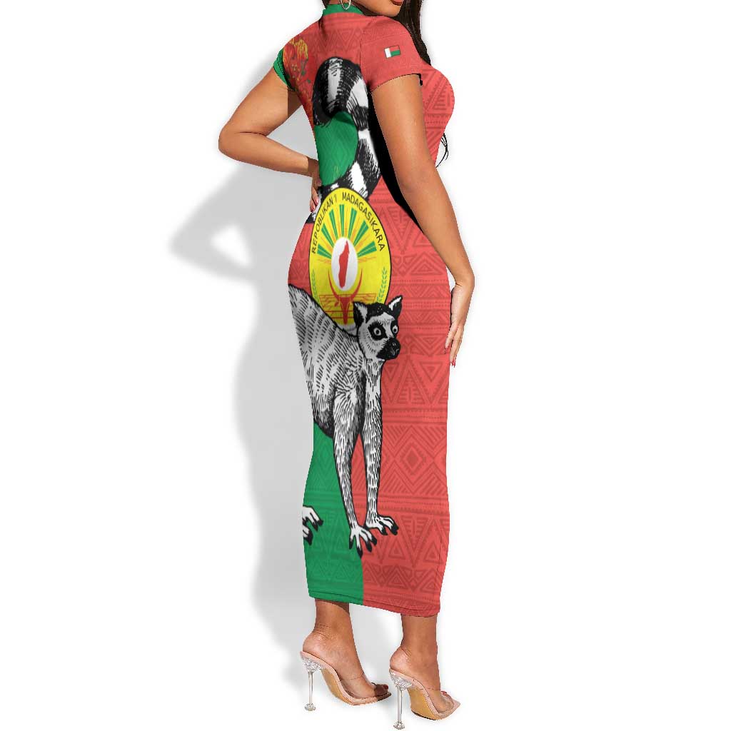 Happy Madagasikara Independence Day Short Sleeve Bodycon Dress Ring-Tailed Lemur With Seal LT15