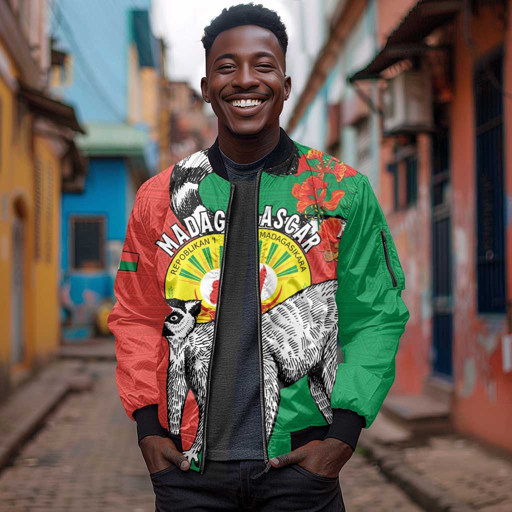 Happy Madagasikara Independence Day Sleeve Zip Bomber Jacket Ring-Tailed Lemur With Seal