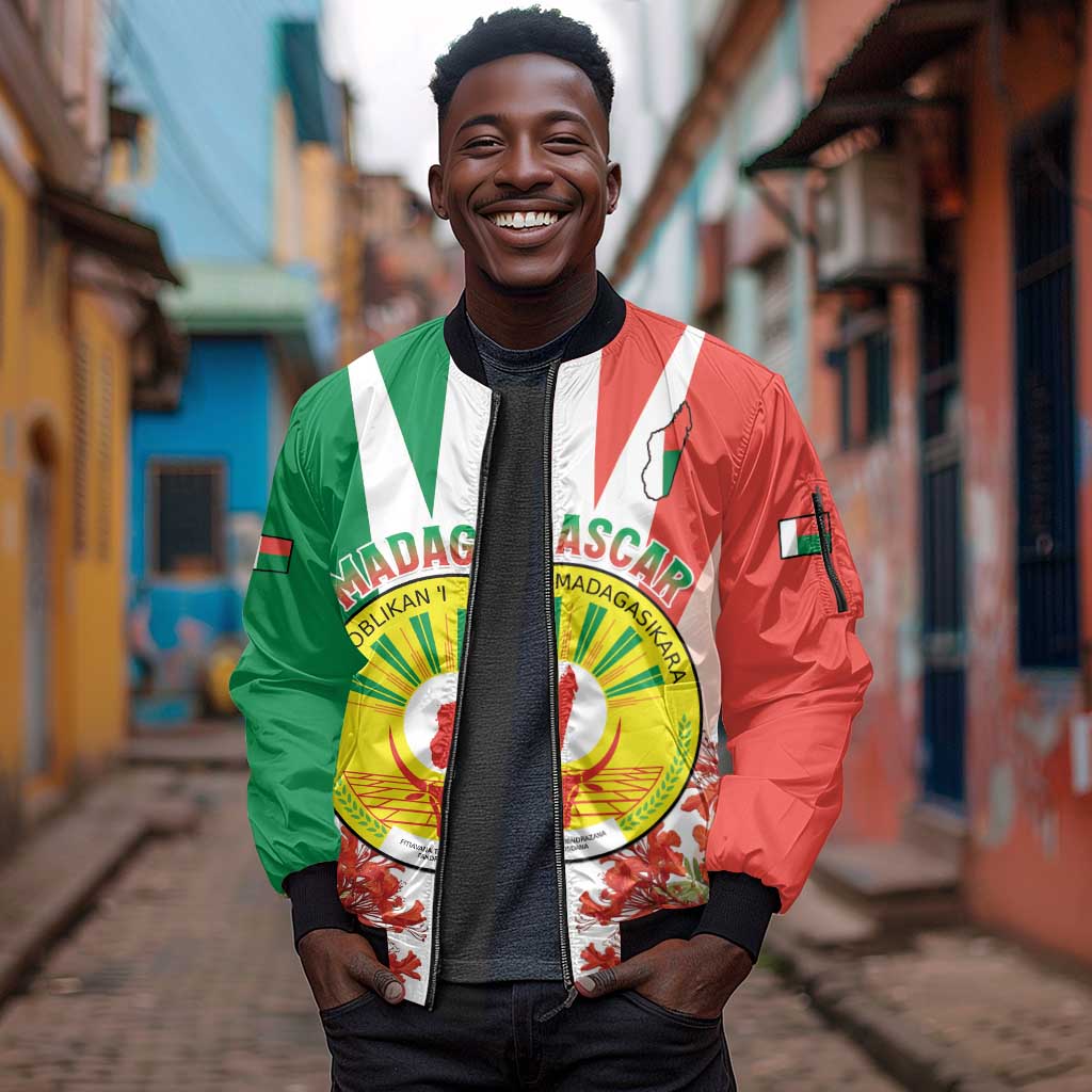 Personalized Madagasikara Sleeve Zip Bomber Jacket Seal With Poinciana