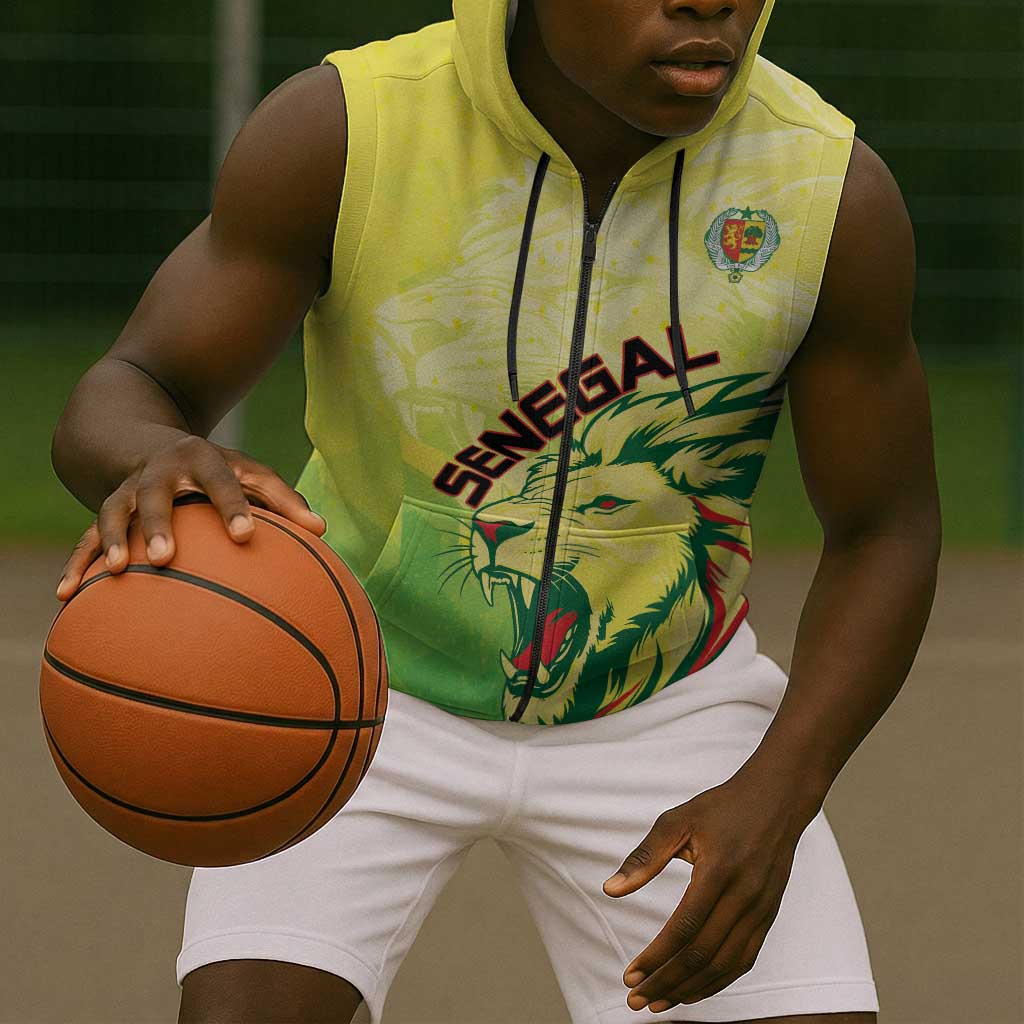 Custom Senegal Lions of Teranga Sleeveless Zip Hoodie Rise to Glory