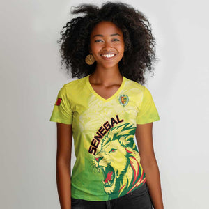 Custom Senegal Lions of Teranga Women V-Neck T-Shirt Rise to Glory