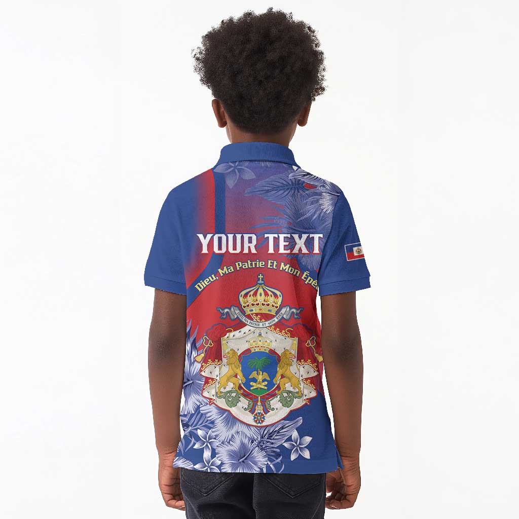 Personalized Second Anpi an Ayiti Kid Polo Shirt Imperial Haiti Coat Of Arms Tropical Flowers