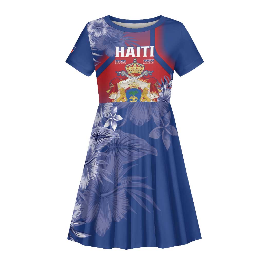 Personalized Second Anpi an Ayiti Kid Short Sleeve Dress Imperial Haiti Coat Of Arms Tropical Flowers