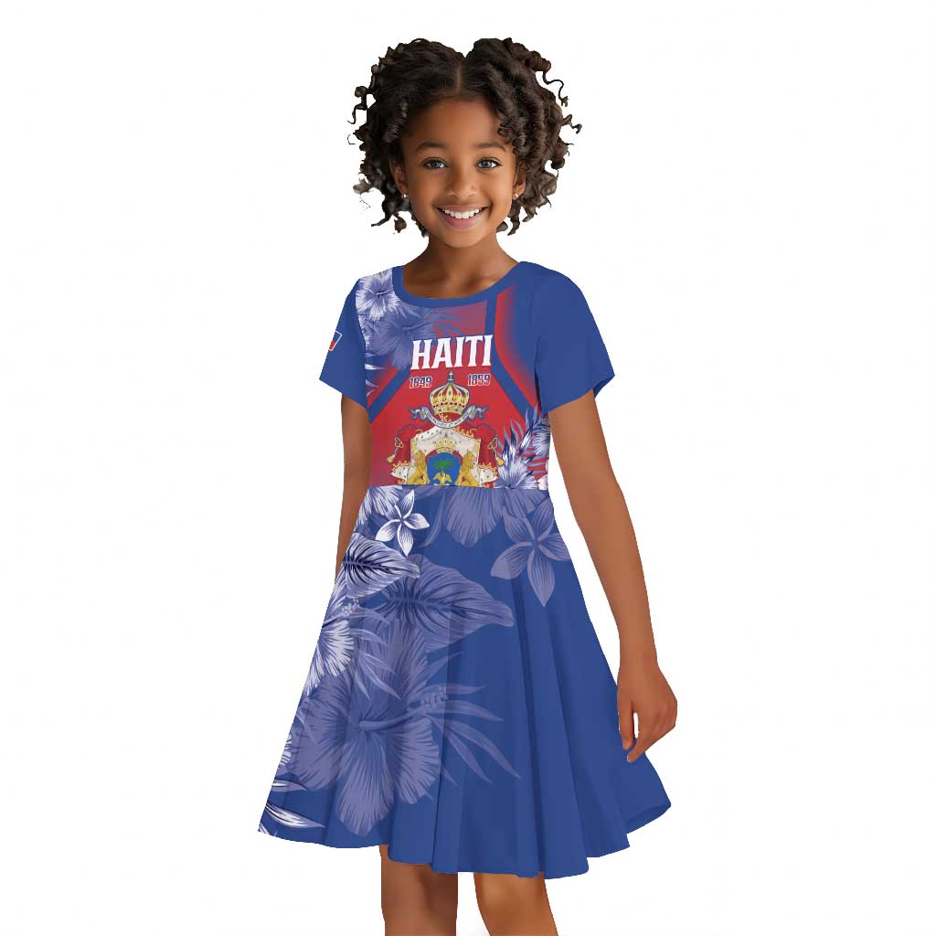 Personalized Second Anpi an Ayiti Kid Short Sleeve Dress Imperial Haiti Coat Of Arms Tropical Flowers