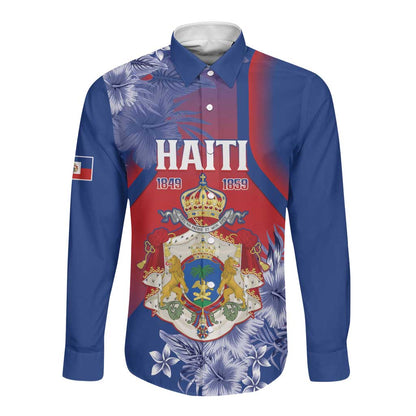 Personalized Second Anpi an Ayiti Long Sleeve Button Shirt Imperial Haiti Coat Of Arms Tropical Flowers
