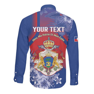 Personalized Second Anpi an Ayiti Long Sleeve Button Shirt Imperial Haiti Coat Of Arms Tropical Flowers