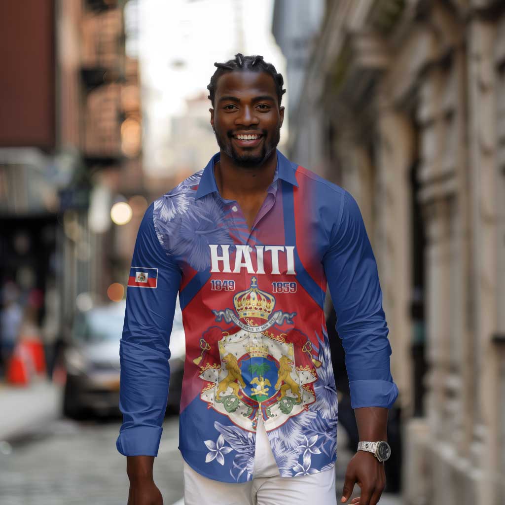 Personalized Second Anpi an Ayiti Long Sleeve Button Shirt Imperial Haiti Coat Of Arms Tropical Flowers
