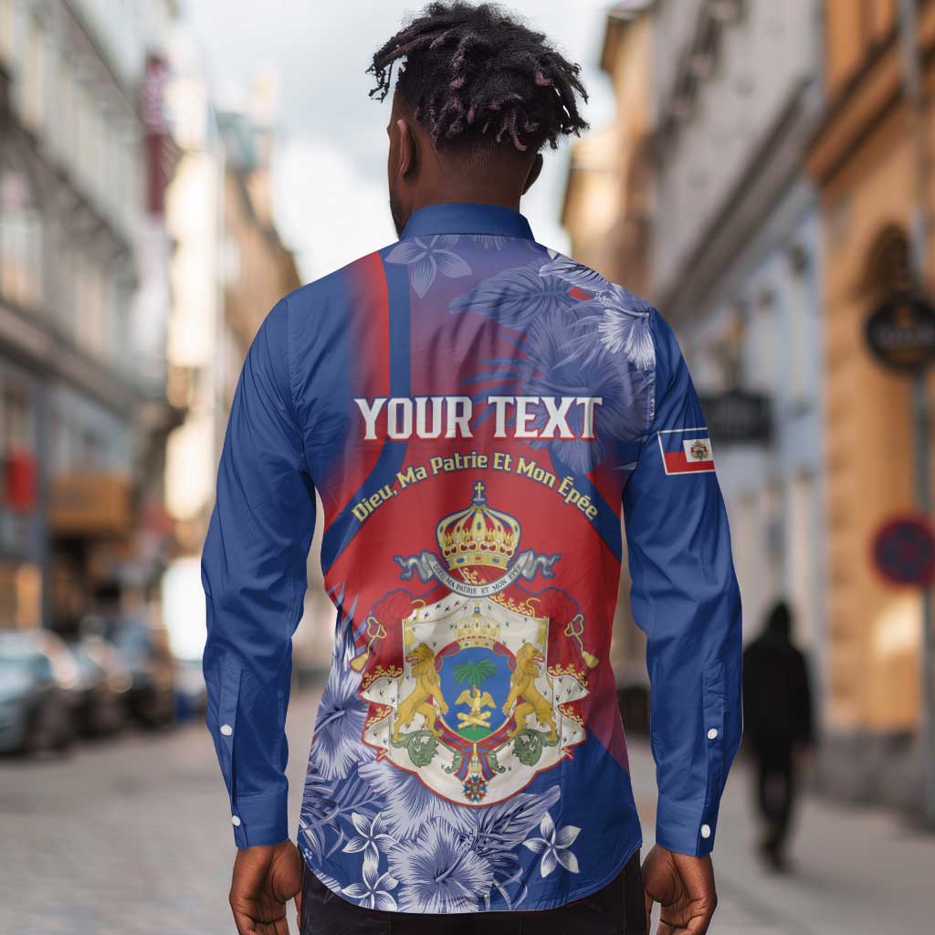 Personalized Second Anpi an Ayiti Long Sleeve Button Shirt Imperial Haiti Coat Of Arms Tropical Flowers