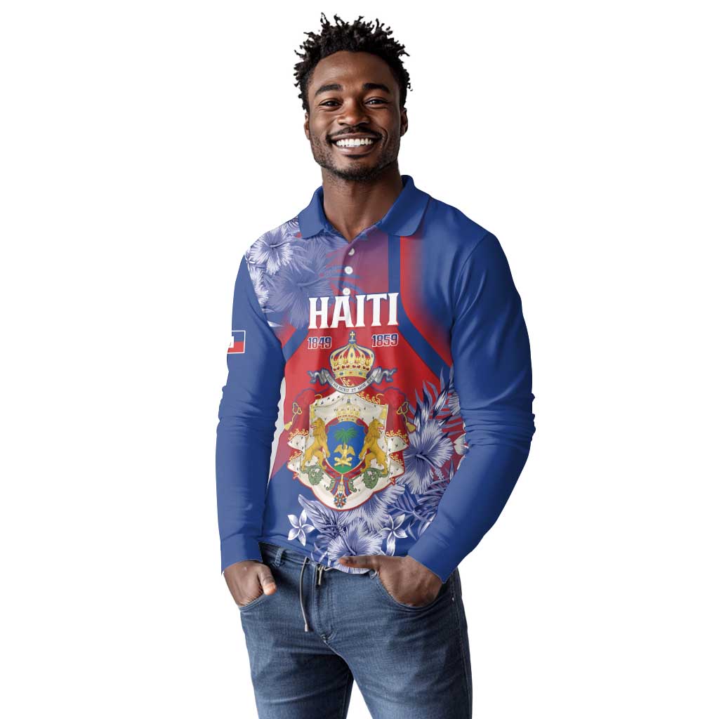 Personalized Second Anpi an Ayiti Long Sleeve Polo Shirt Imperial Haiti Coat Of Arms Tropical Flowers