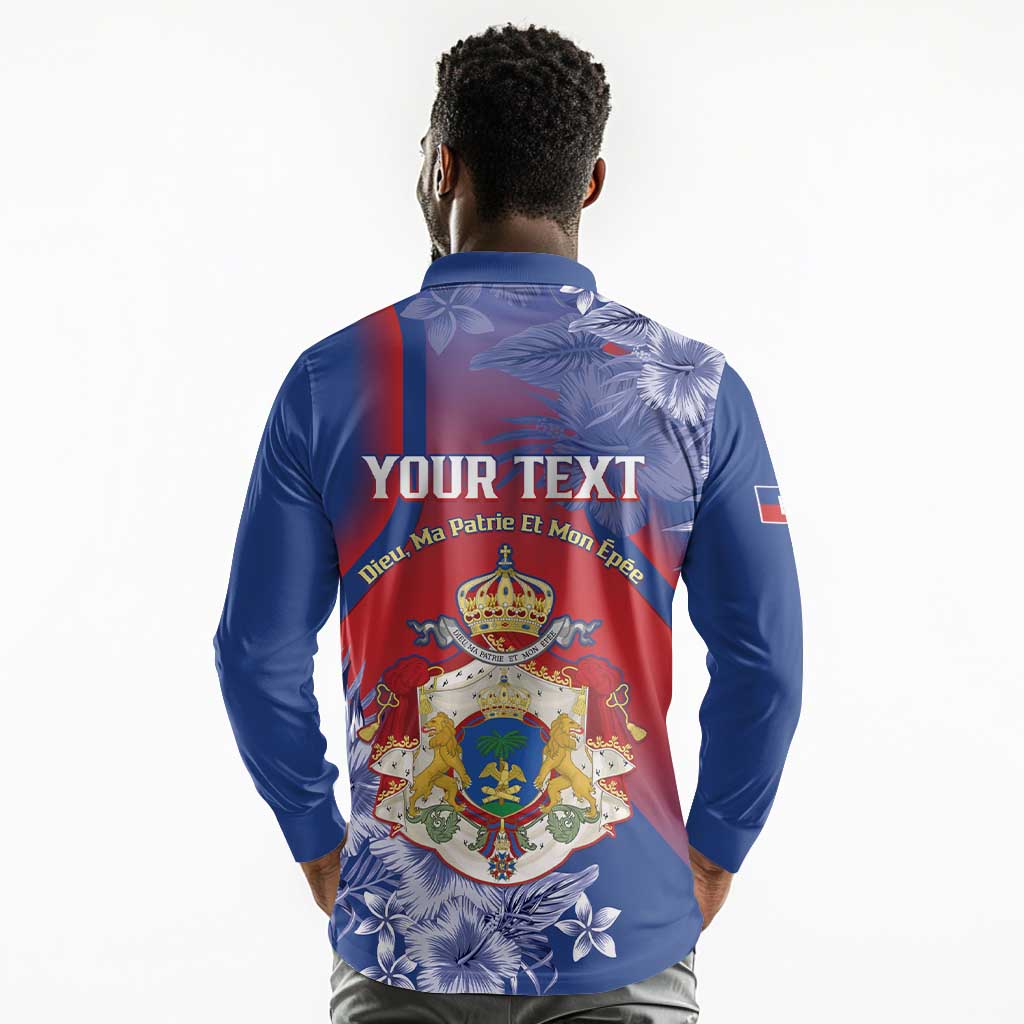 Personalized Second Anpi an Ayiti Long Sleeve Polo Shirt Imperial Haiti Coat Of Arms Tropical Flowers