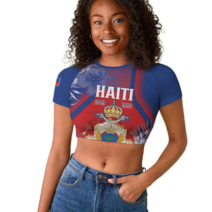 Personalized Second Anpi an Ayiti Raglan Cropped T shirt Imperial Haiti Coat Of Arms Tropical Flowers