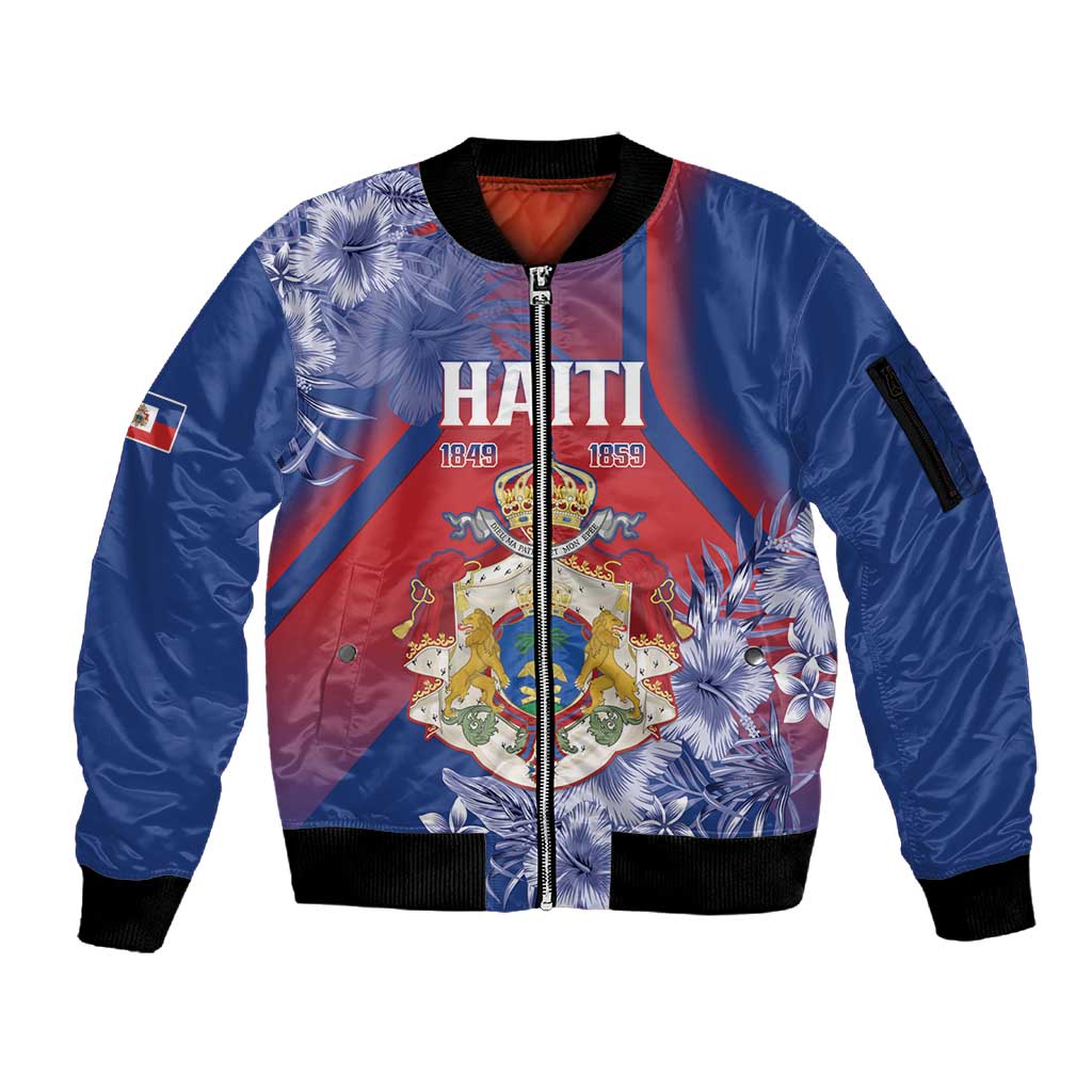 Personalized Second Anpi an Ayiti Sleeve Zip Bomber Jacket Imperial Haiti Coat Of Arms Tropical Flowers