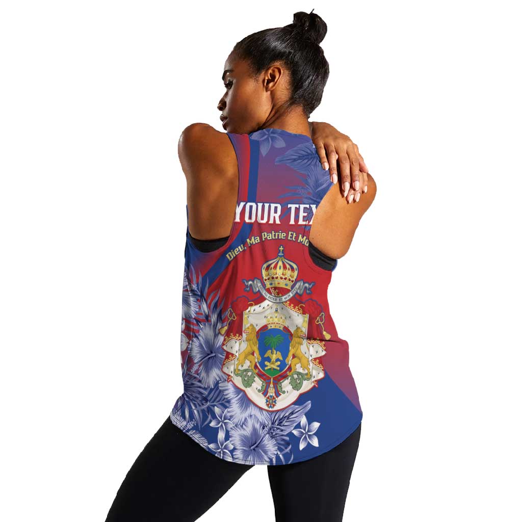 Personalized Second Anpi an Ayiti Women Racerback Tank Imperial Haiti Coat Of Arms Tropical Flowers