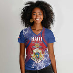 Personalized Second Anpi an Ayiti Women V-Neck T-Shirt Imperial Haiti Coat Of Arms Tropical Flowers
