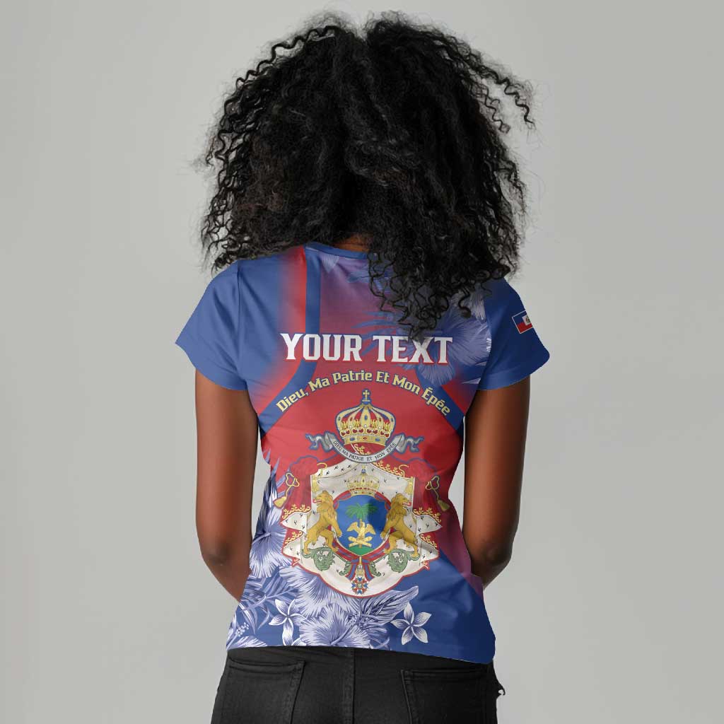 Personalized Second Anpi an Ayiti Women V-Neck T-Shirt Imperial Haiti Coat Of Arms Tropical Flowers