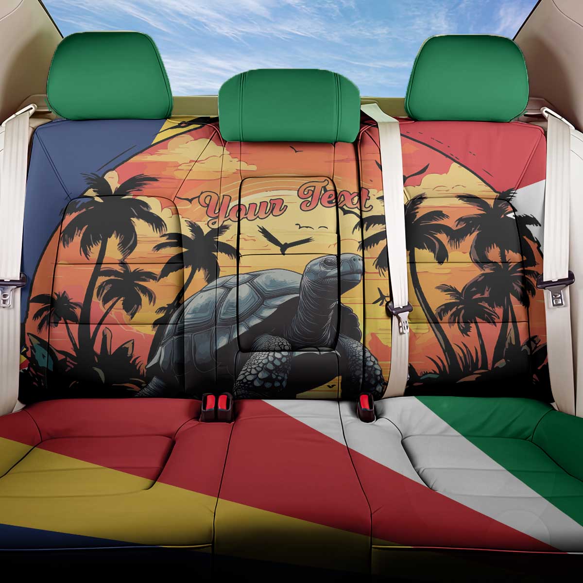 Personalised Afro Seychelles Back Car Seat Cover Aldabra Giant Tortoise With Beach Sunset