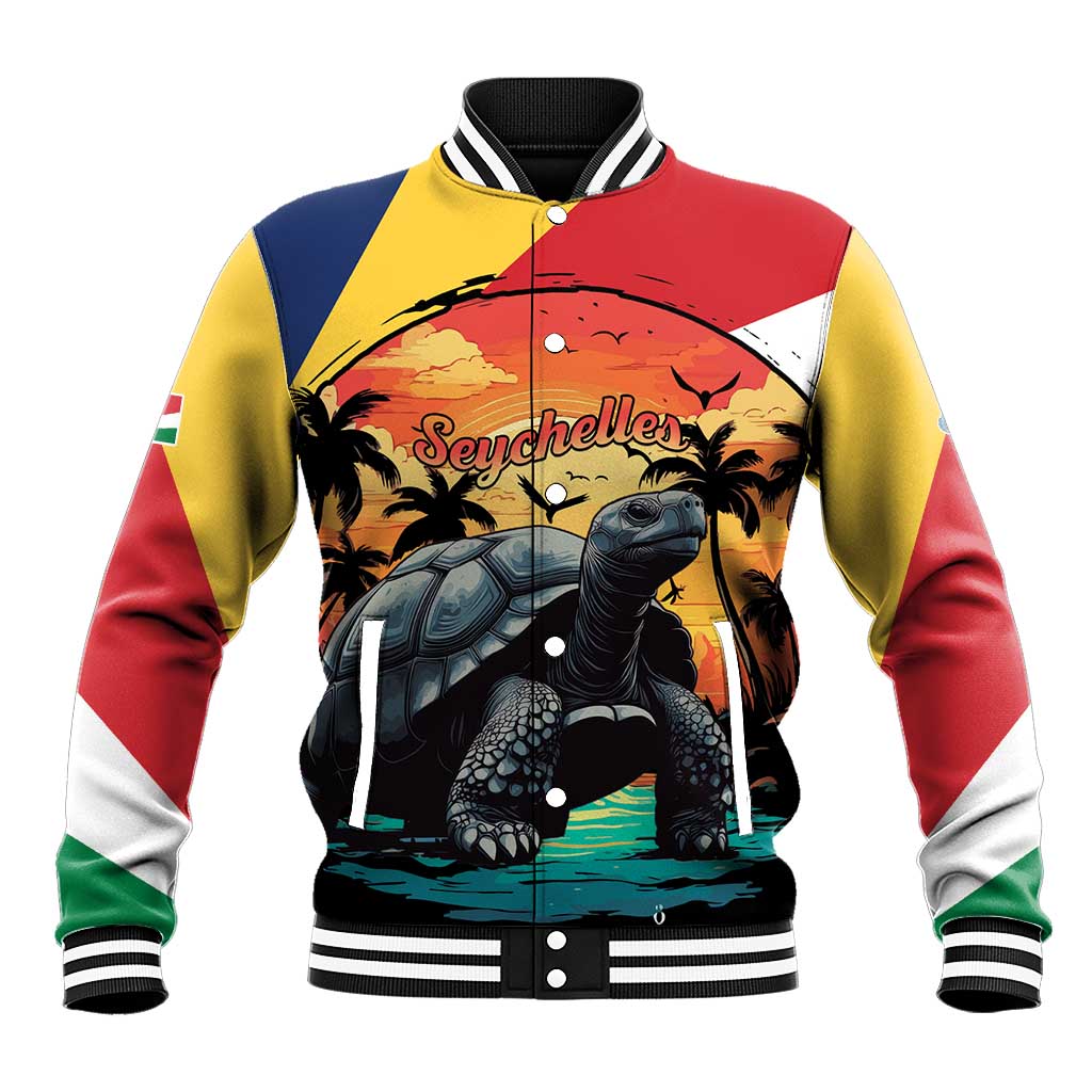 Personalised Afro Seychelles Baseball Jacket Aldabra Giant Tortoise With Beach Sunset