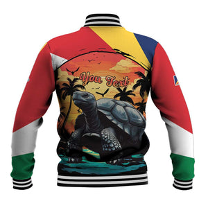 Personalised Afro Seychelles Baseball Jacket Aldabra Giant Tortoise With Beach Sunset