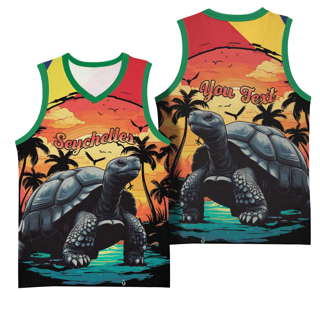 Personalised Afro Seychelles Basketball Jersey Aldabra Giant Tortoise With Beach Sunset LT15