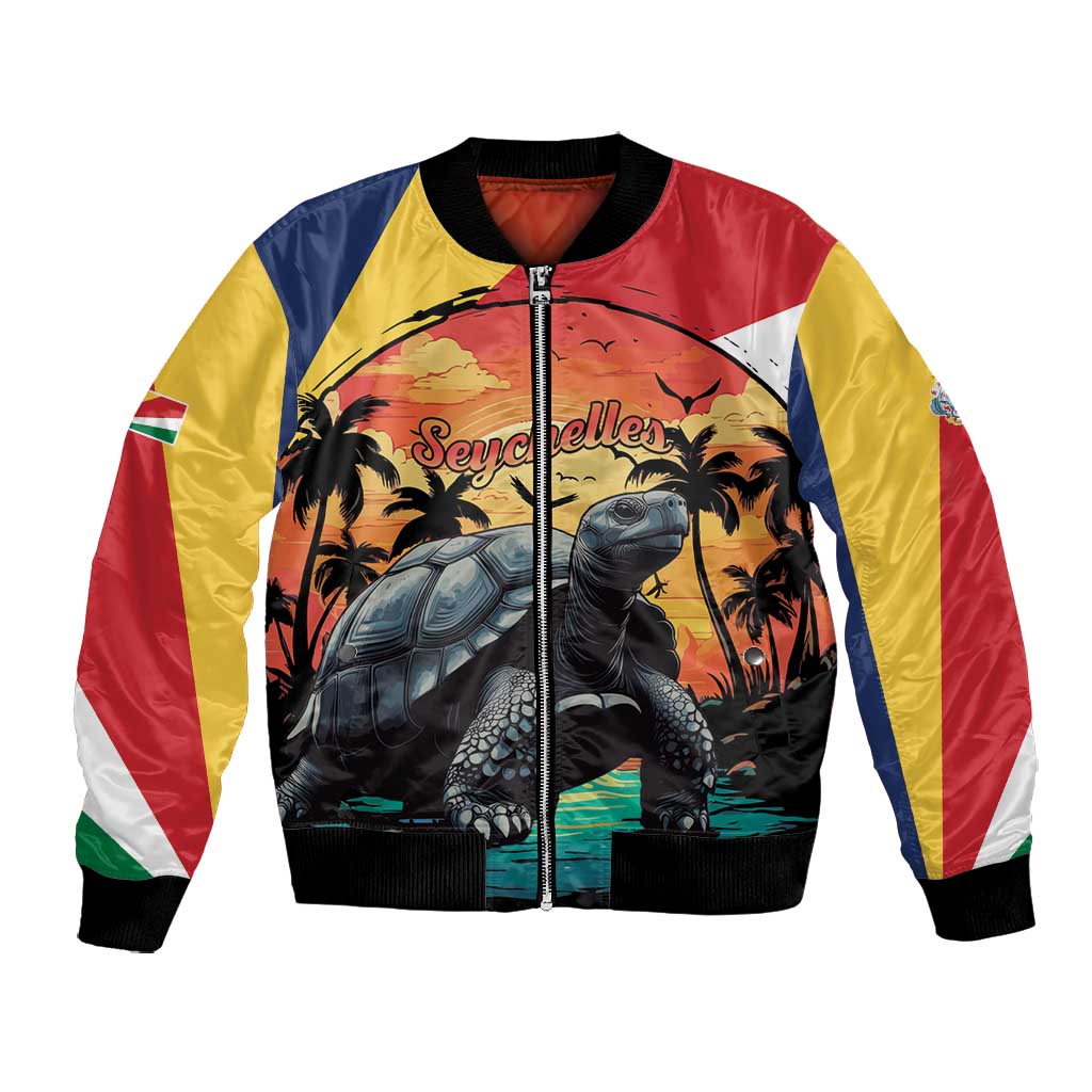 Personalised Afro Seychelles Bomber Jacket Aldabra Giant Tortoise With Beach Sunset