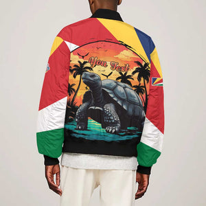 Personalised Afro Seychelles Bomber Jacket Aldabra Giant Tortoise With Beach Sunset