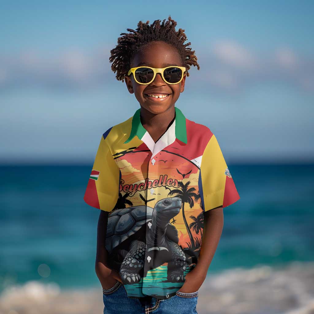 Personalised Afro Seychelles Kid Hawaiian Shirt Aldabra Giant Tortoise With Beach Sunset