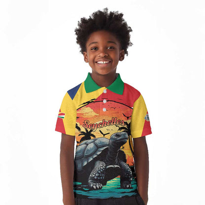 Personalised Afro Seychelles Kid Polo Shirt Aldabra Giant Tortoise With Beach Sunset