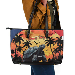 Personalised Afro Seychelles Leather Tote Bag Aldabra Giant Tortoise With Beach Sunset