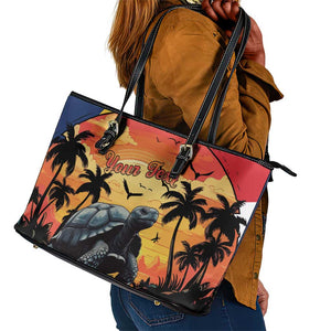 Personalised Afro Seychelles Leather Tote Bag Aldabra Giant Tortoise With Beach Sunset