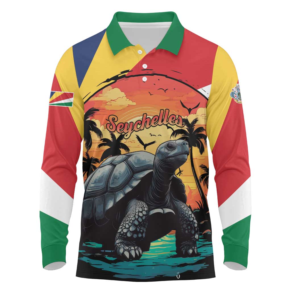 Personalised Afro Seychelles Long Sleeve Polo Shirt Aldabra Giant Tortoise With Beach Sunset