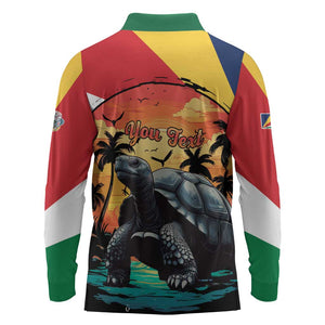 Personalised Afro Seychelles Long Sleeve Polo Shirt Aldabra Giant Tortoise With Beach Sunset