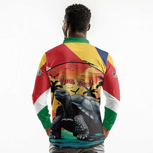 Personalised Afro Seychelles Long Sleeve Polo Shirt Aldabra Giant Tortoise With Beach Sunset