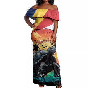 Personalised Afro Seychelles Off Shoulder Maxi Dress Aldabra Giant Tortoise With Beach Sunset