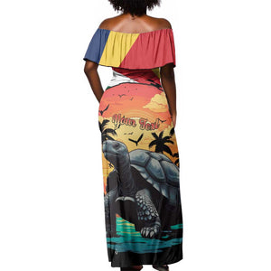 Personalised Afro Seychelles Off Shoulder Maxi Dress Aldabra Giant Tortoise With Beach Sunset