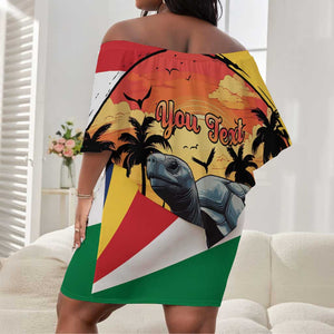 Personalised Afro Seychelles Off Shoulder Short Dress Aldabra Giant Tortoise With Beach Sunset