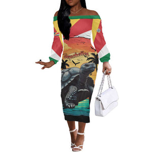 Personalised Afro Seychelles Off The Shoulder Long Sleeve Dress Aldabra Giant Tortoise With Beach Sunset