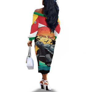 Personalised Afro Seychelles Off The Shoulder Long Sleeve Dress Aldabra Giant Tortoise With Beach Sunset