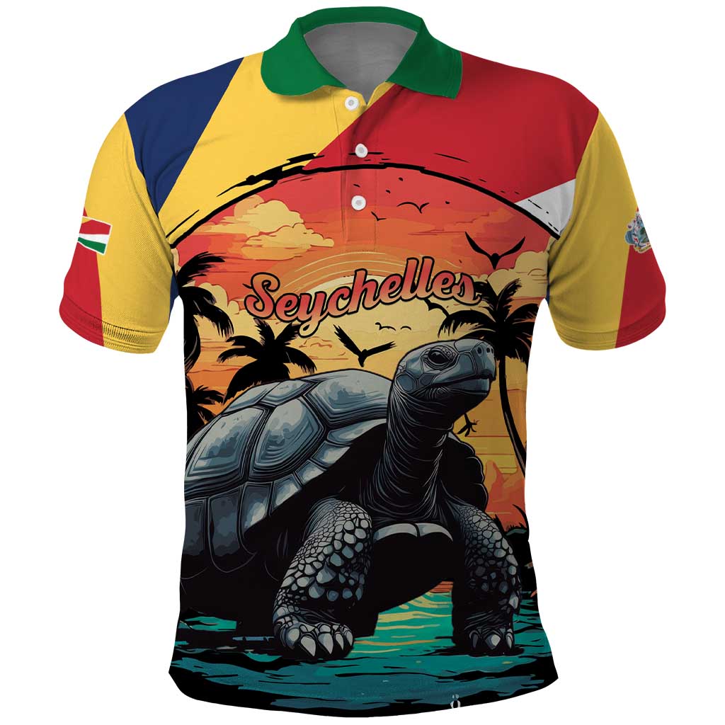 Personalised Afro Seychelles Polo Shirt Aldabra Giant Tortoise With Beach Sunset