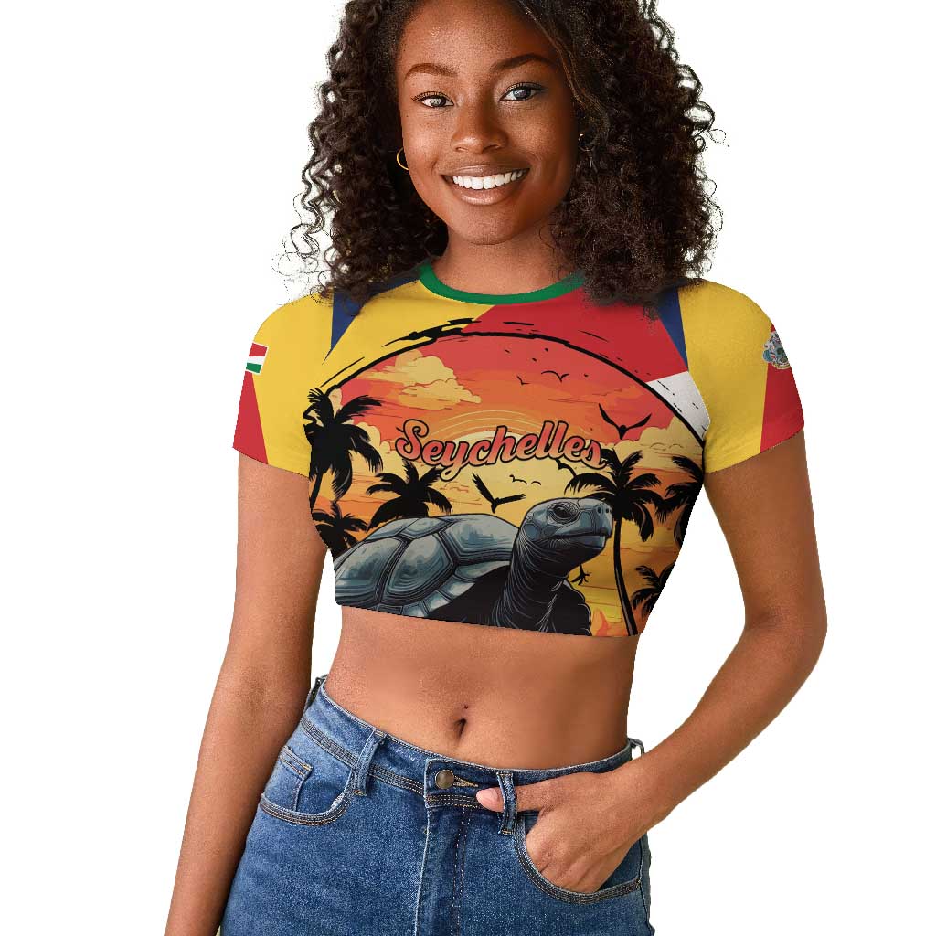 Personalised Afro Seychelles Raglan Cropped T shirt Aldabra Giant Tortoise With Beach Sunset