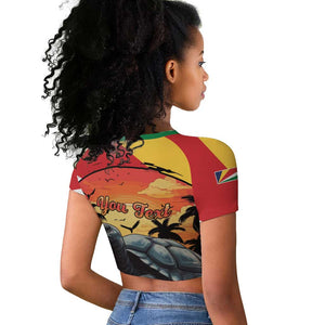 Personalised Afro Seychelles Raglan Cropped T shirt Aldabra Giant Tortoise With Beach Sunset