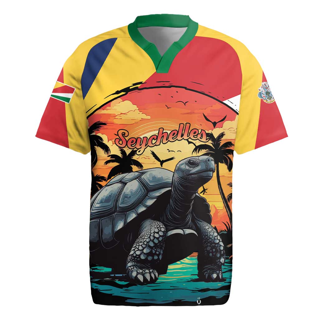 Personalised Afro Seychelles Rugby Jersey Aldabra Giant Tortoise With Beach Sunset