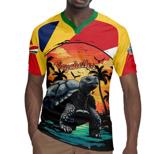 Personalised Afro Seychelles Rugby Jersey Aldabra Giant Tortoise With Beach Sunset