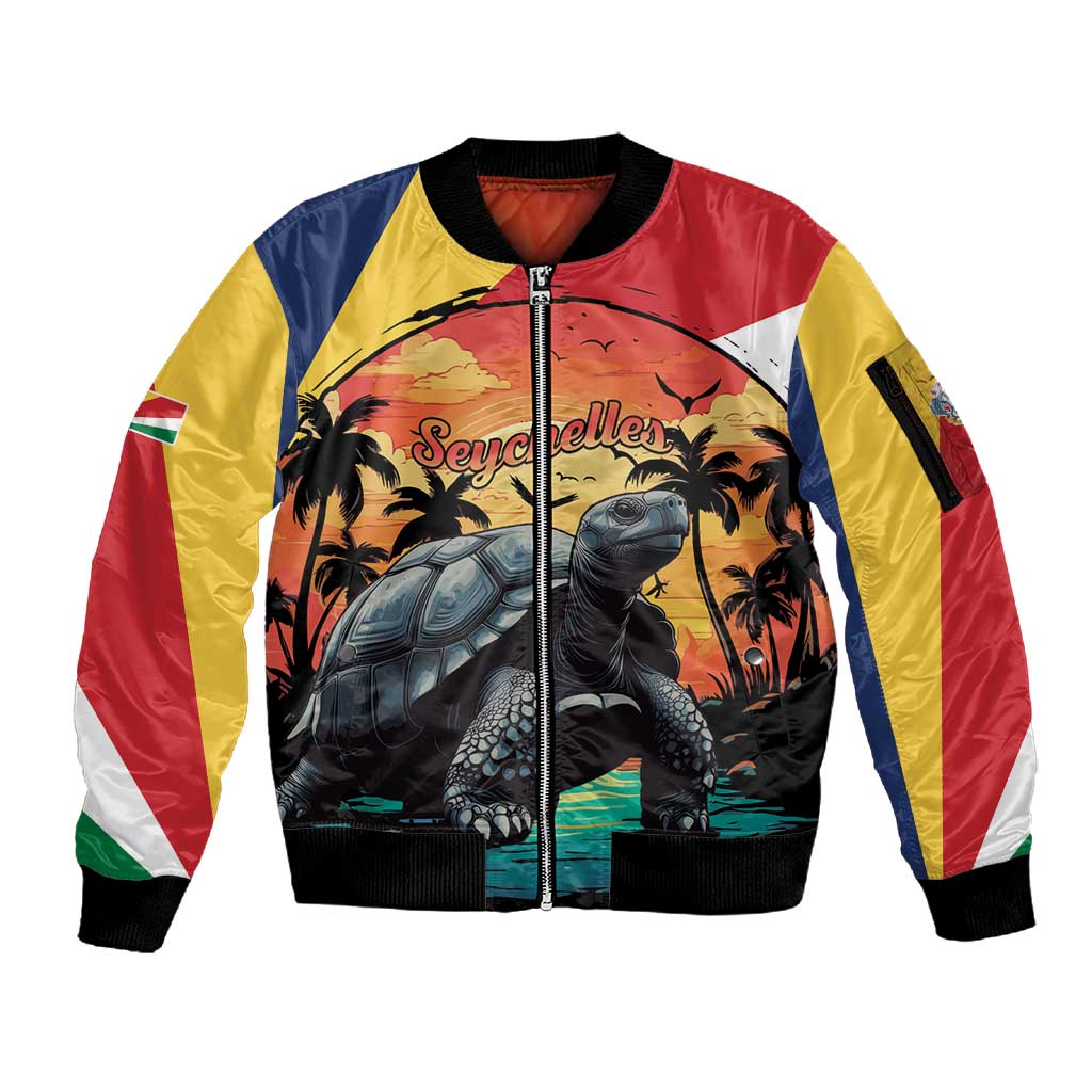 Personalised Afro Seychelles Sleeve Zip Bomber Jacket Aldabra Giant Tortoise With Beach Sunset